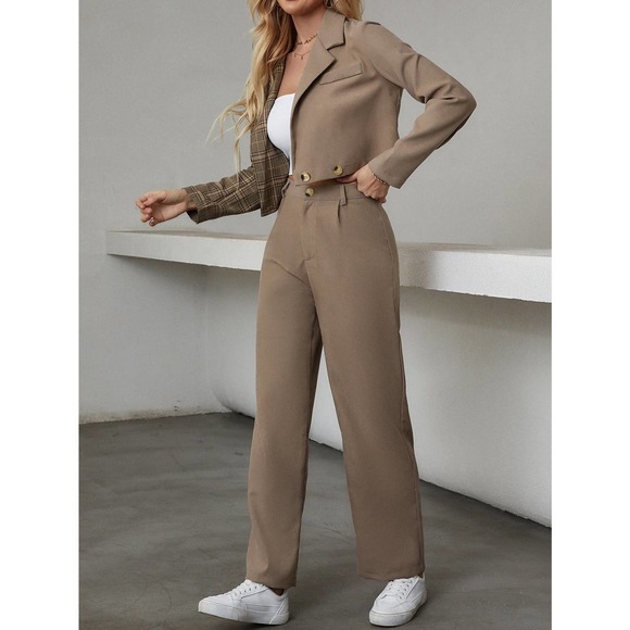2 piece set: Contrast Plaid Lapel Neck Blazer & Pants pantsuit tan brown - Picture 3 of 8